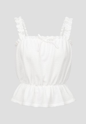 Hvit peplum-top med teksturert stoff. Volanger på stroppene og snøring i halsen. Lett og pustende materiale.