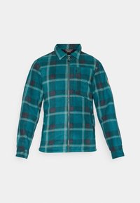 Svetlozeleno-čierna kockovaná bunda s dlhými rukávmi, golierom a predným zipsom. Vyrobená z mäkkej, textúrovanej látky. Logo na rukáve.