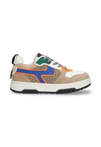 Sneaker mit einem Obermaterial aus beigem Wildleder und Mesh, mehrfarbigen Akzenten in Blau, Grün, Orange und Weiß sowie einer dicken Gummisohle in Schwarz.