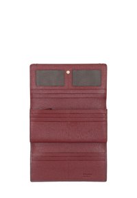Burgundy leather wallet with a textured finish, featuring two clear ID slots, multiple card slots, and a zippered pocket.