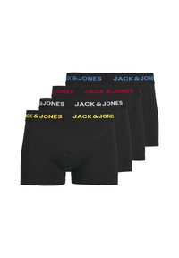 Schwarze Boxershorts im Set von vier mit elastischen Taillenbündchen in Blau, Rot, Gelb und Weiß, die das "JACK & JONES"-Logo tragen.