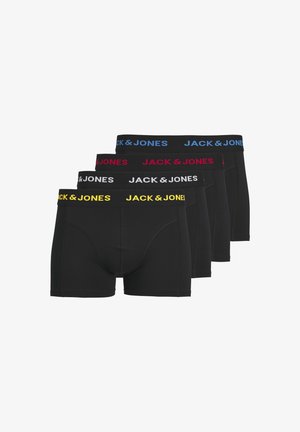 Mustad mustad mustad neljane komplekt musta värvi bokserite aluspükse elastse vöökohtadega sinises, punases, kollases ja valges, millel on "JACK & JONES" logo.