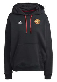 Sweat à capuche noir avec cordons rouges, poche avant et logo Manchester United. Logo Adidas affiché en haut à gauche. Matière en mélange de coton.