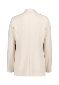 Beige Blazer mit einem einzelnen Rückenschlitz, Reverskragen und langen Ärmeln aus einem glatten, strukturierten Stoff. Minimalistisches Design mit klaren Linien.