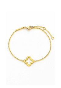 Zlata verižica za zapestje z osrednjim, votlim dizajnom štirih listov. Veriga ima občutljivo teksturo in zaklepanje na ozko klešče.