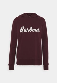 Burgundská mikina s kapucí vyrobená z měkké tkaniny, s bílým vyšitým logem "Barbour" na hrudi a žebrovanými manžetami a lemem.