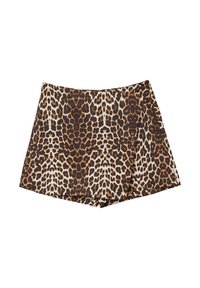 Leopardenmuster-Shorts mit einem braun-beigen Farbschema, hergestellt aus leichtem Stoff mit glatter Textur und entspannter Passform.