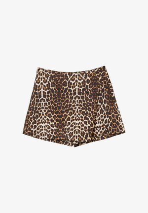 Leopard print shorts featuring a brown and beige color scheme, made of lightweight fabric with a smooth texture and relaxed fit.