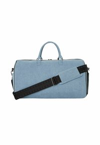 Borsa da viaggio in tessuto blu con manici doppi, tracolla nera regolabile e chiusura con zip. Texture liscia e forma rettangolare con accenti neri.