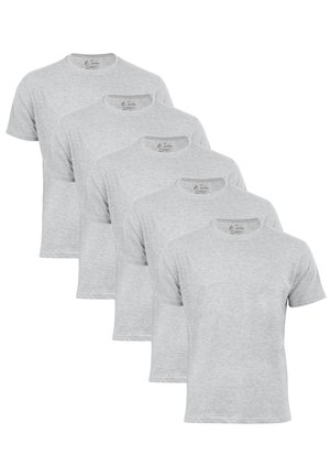 Grau Baumwoll-T-Shirts mit kurzen Ärmeln, Rundhalsausschnitt, normale Passform, Fünferpack, gleichmäßige Textur, keine sichtbaren Logos oder Muster.