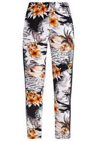Pantalons à taille élastique avec un imprimé floral tropical en orange et noir sur un fond blanc, présentant des illustrations de palmiers.