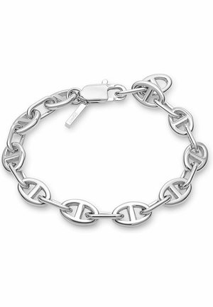Silberne Kettenarmband mit ineinander verschlungenen ovalen Gliedern und einem Logodetail. Mit einem Karabinerverschluss gesichert, glatte, glänzende Oberfläche.