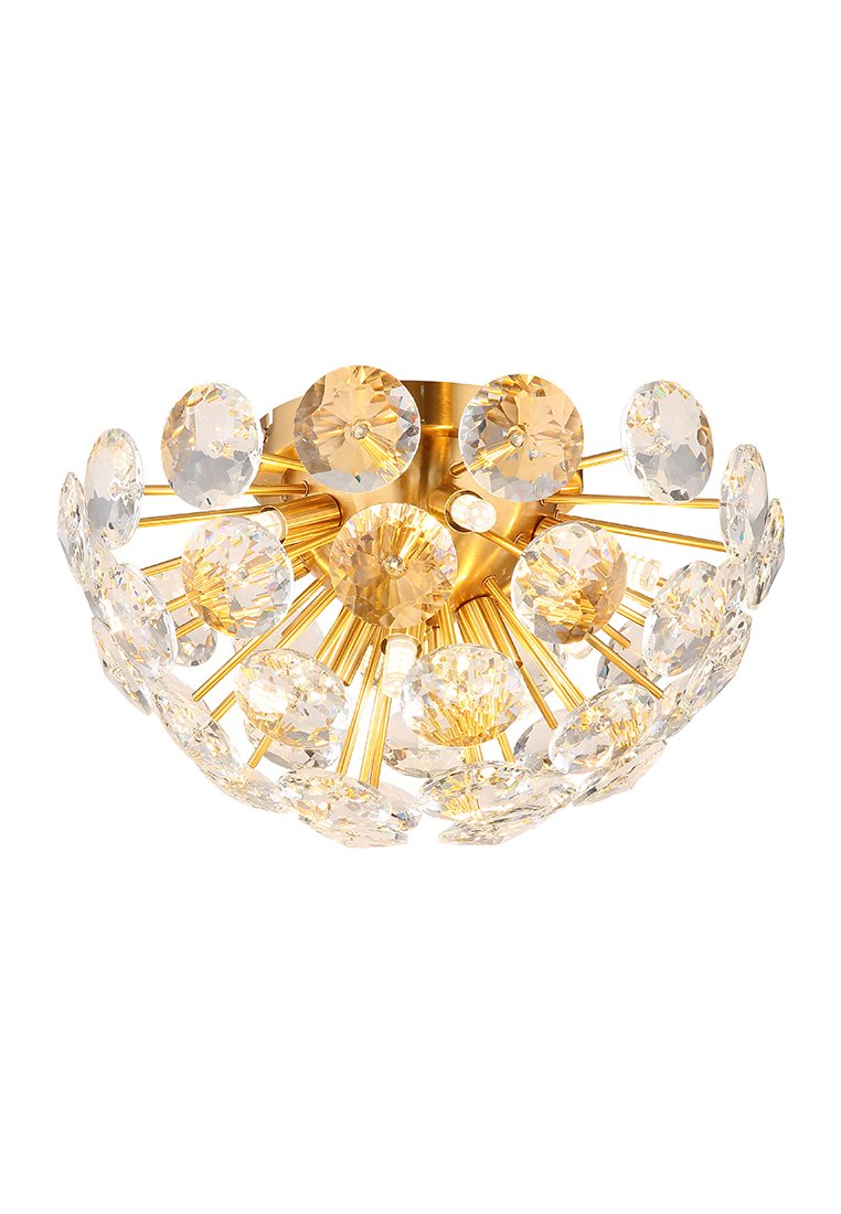 Taklampa i guldmetall med klara och bärnstensfärgade kristalldiskar, arrangerade i en cirkulär design med förlängda metallstänger.