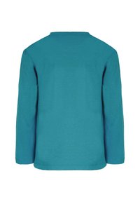 Turkise langærmet T-shirt, bomuldsstof, rund halsudskæring, ensfarvet ryg, lige kant, ingen grafik eller pynt.