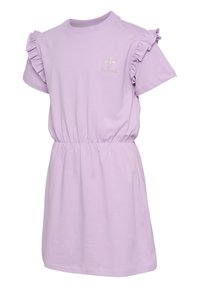 Lila kurzes Kleid mit kurzen Ärmeln, Rüschendetails an den Schultern und einem elastischen Bund. Verfügt über ein gesticktes Logo auf der Brust. Aus weichem Baumwollstoff.