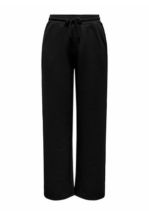 Pantalon de jogging noir à jambes larges avec taille élastique et cordon, poches avant et coupe décontractée.