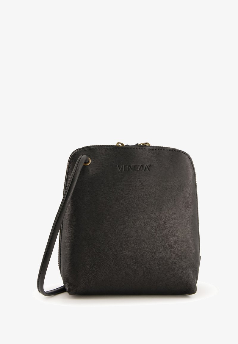 Black leather pouch bag with a zip closure, featuring a textured surface, a detachable strap, and embossed "VENEZIA" logo on the front.