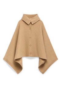 Poncho color cammello realizzato in morbida lana, con colletto, cinque bottoni sul davanti e maniche larghe con bordi a coste.