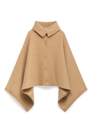 Camelkleurige poncho van zachte wol, met een kraag, vijf knopen aan de voorkant en brede mouwen met ribgebreide randen.