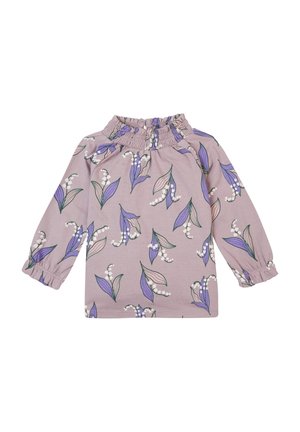 Chemise lavande à manches longues pour enfants, avec col et poignets à volants, décorée d’un motif floral violet, vert et blanc.