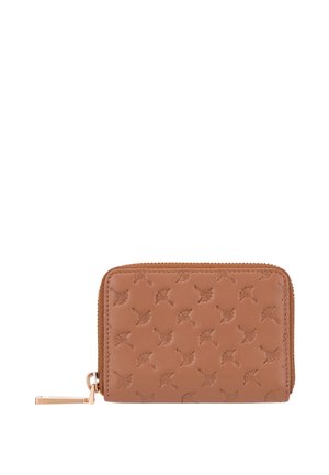 Brun læderpung med lynlås rundt om og præget bladmønster samt guldtonet lynlåstrækker.