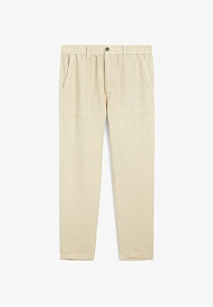 Pantaloni beige a vestibilità ampia realizzati in tessuto leggero. Presentano una vita elastica, due tasche laterali e una texture sottile.