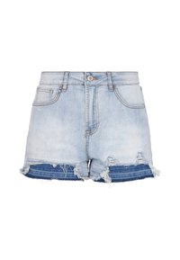 Ljusblå denimshorts med fransade nederkanter, med en mörkare blå denimdetalj under, två framfickor och en knappstängning framtill.