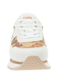 White and tan sneakers featuring a textured fabric upper with a map print, flat laces, and a rubber sole with a patterned design.