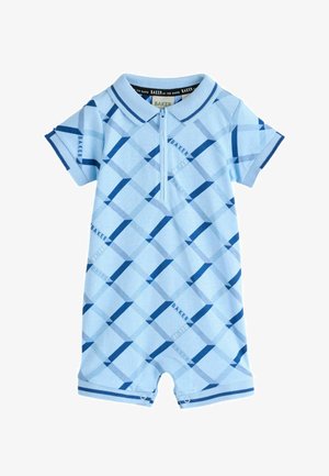 Dječji kombinezon s uzorkom svijetloplave i tamnoplave argele, kratkih rukava, s ovratnikom, prednjim patentnim zatvaračem i kopčama na otvorima za noge.