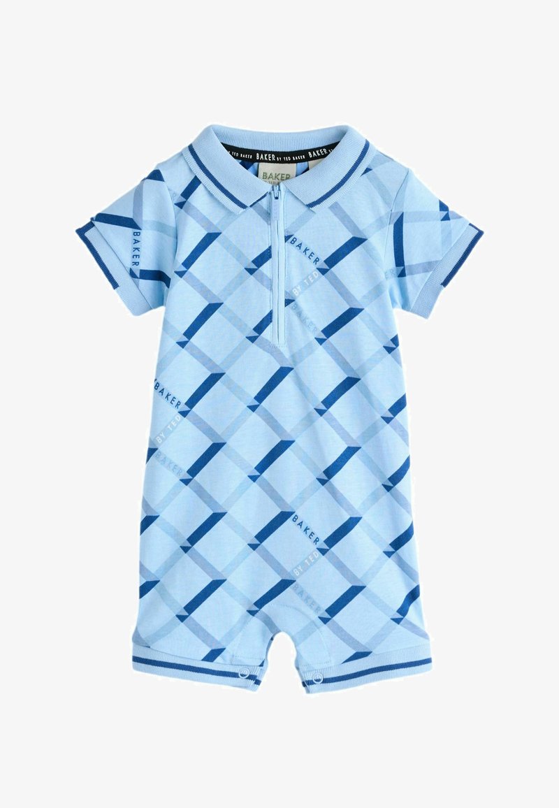 Body niemowlęce z wzorem w jasnoniebieską i granatową kratę, krótkim rękawem, kołnierzykiem, suwakiem z przodu oraz zatrzaskami przy otworach na nogi.
