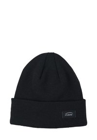 Bonnet tricoté noir avec un revers replié. Présente une petite étiquette de marque à l'avant. Le matériau semble doux et extensible.