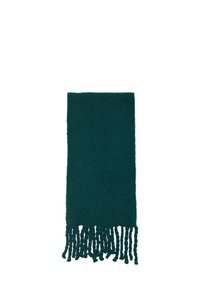 Teal vævet tørklæde med frynse detaljer i bunden. Det er lavet af et blødt materiale, har en rektangulær form og er velegnet til lag-på-lag styling.