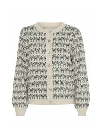 Cardigan crème avec motif de nœud noir, col rond, fermeture à boutons sur le devant et poignets côtelés. Texture douce avec une coupe décontractée.