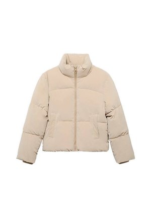 Beige Pufferjacke mit hohem Kragen, Frontreißverschluss und zwei Vorderpockets, auf weißem Hintergrund präsentiert.