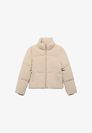 Beige péřová bunda s vysokým límcem, předním zipem a dvěma předními kapsami, vystavená na bílém pozadí.