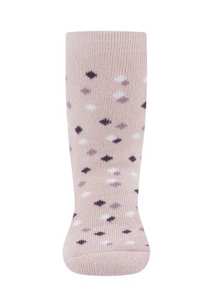 Light pink sock featuring a knitted texture with assorted polka dots in dark purple, lavender, and white. Tube-style length, seamless top.