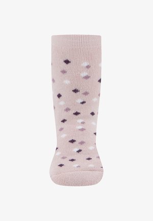 Helle rosa Socke mit einer gestrickten Textur und verschiedenen Punkten in Dunkelpurpur, Lavendel und Weiß. Röhrenartige Länge, nahtloser Bund.