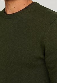 Nahaufnahme einer Person, die einen dunkelgrünen Strickpullover über einem schwarzen Shirt trägt, wobei der obere Brust- und Halsbereich zu sehen ist.