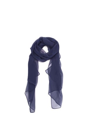 Sciarpa leggera trasparente blu navy con una texture morbida, piegata liberamente con lunghe estremità fluenti su sfondo bianco.