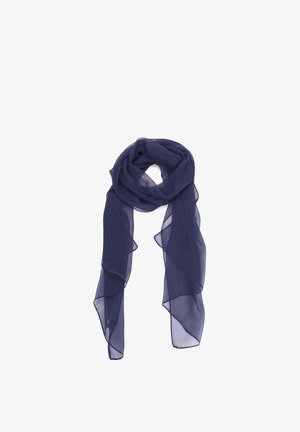 Sciarpa leggera trasparente blu navy con una texture morbida, piegata liberamente con lunghe estremità fluenti su sfondo bianco.