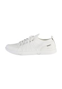 White athletic shoes with a breathable mesh upper, textured design, lace-up closure, and rubber sole featuring minimal branding.