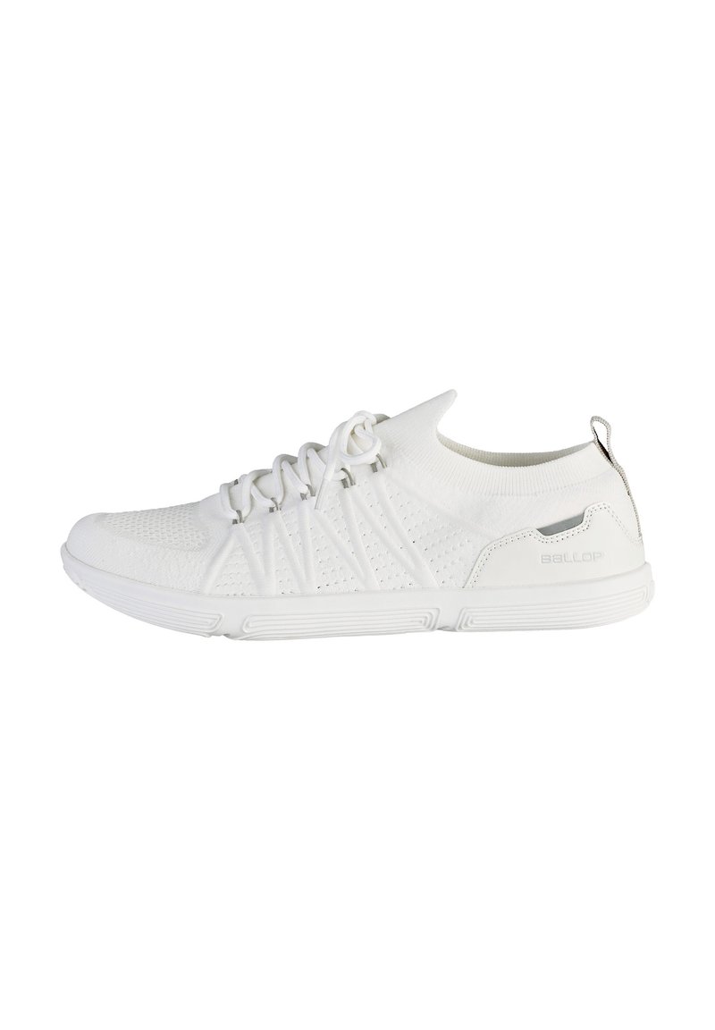 White athletic shoes with a breathable mesh upper, textured design, lace-up closure, and rubber sole featuring minimal branding.