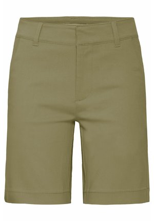 Maslinaste zelene kratke hlače s krojem prilagođenim tijelu, s ravnim prednjim dijelom, bez stražnjih džepova, glatke teksture i s prevrnutim rubom na nogavicama.