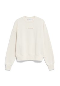 Felpa color crema realizzata in morbido tessuto, con collo rotondo, spalle scese e logo "ARMEDANGELS" in stampa tenue sul davanti.