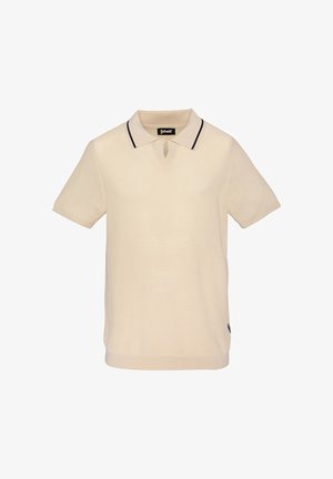 Polo in maglia beige a maniche corte con bordo nero sul colletto, scollo a V con bottoni e etichetta Schott all'interno del colletto.