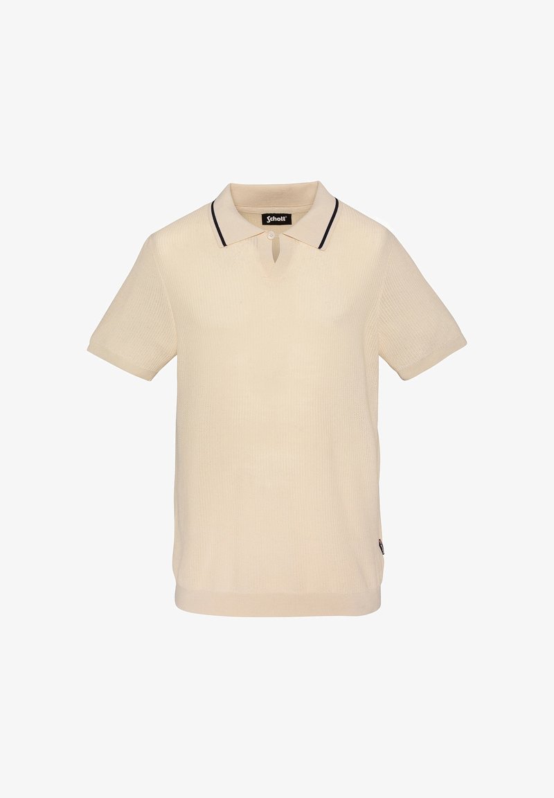 Polo en maille à manches courtes beige avec bordure noire sur le col, encolure à bouton avec fente, et étiquette Schott à l'intérieur du col.
