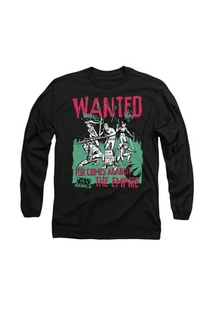 Schwarzes langärmliges Shirt mit einem bunten grafischen Druck, auf dem "WANTED" in Pink steht, und Charakteren aus einer Science-Fiction-Serie vor einem grünen Hintergrund.