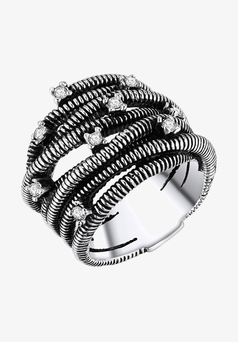 Crni i srebrni prsten s teksturiranim trakama i uvijenim detaljima, ukrašen malim prozirnim kamenčićima raspoređenim u intervalima za dodatni sjaj.