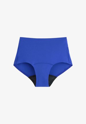 Blauwe hoge taille zwemslips van elastisch materiaal, met een gladde textuur en zwarte binnenvoering. Heeft zijkantenopeningen voor ventilatie.