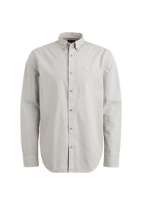 Camisa de manga larga gris claro de algodón con cuello abotonado, botones delanteros y pequeño logo en el pecho. Textura suave, corte regular.
